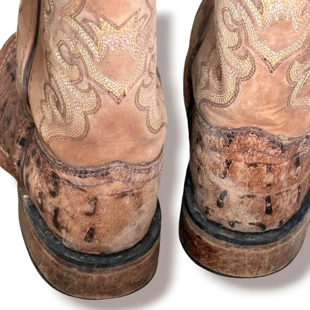Old West Kids Faux Caiman Western Boots Tan Brown Size 8.5 D Cowboy Ranch